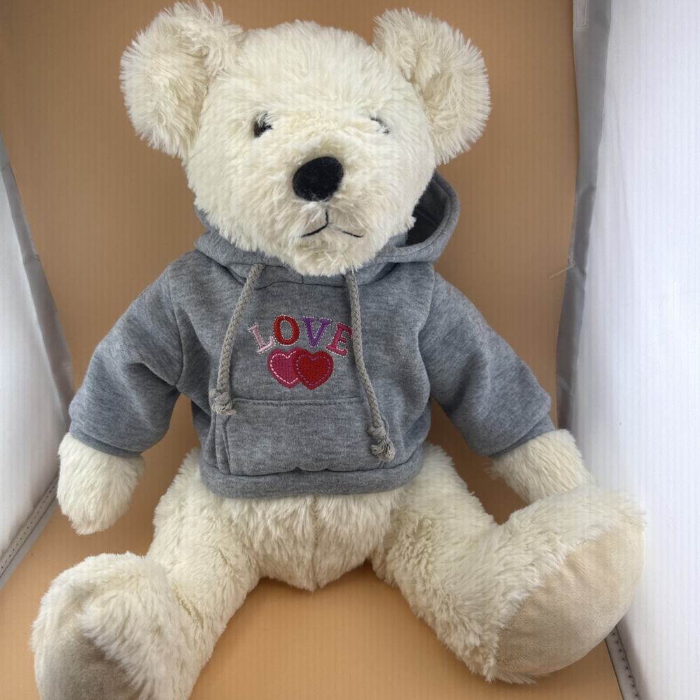 Tom’s Toy Light brown Teddy Bear Plush Love Gray Hoodie Stuffed Animal 13"